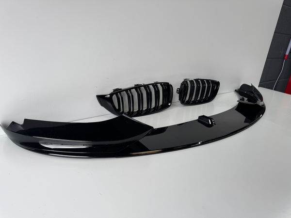 BMW 4 SERIES F32 F33 F36 GLOSS BLACK FRONT SPLITTER & KIDNEY GRILLES